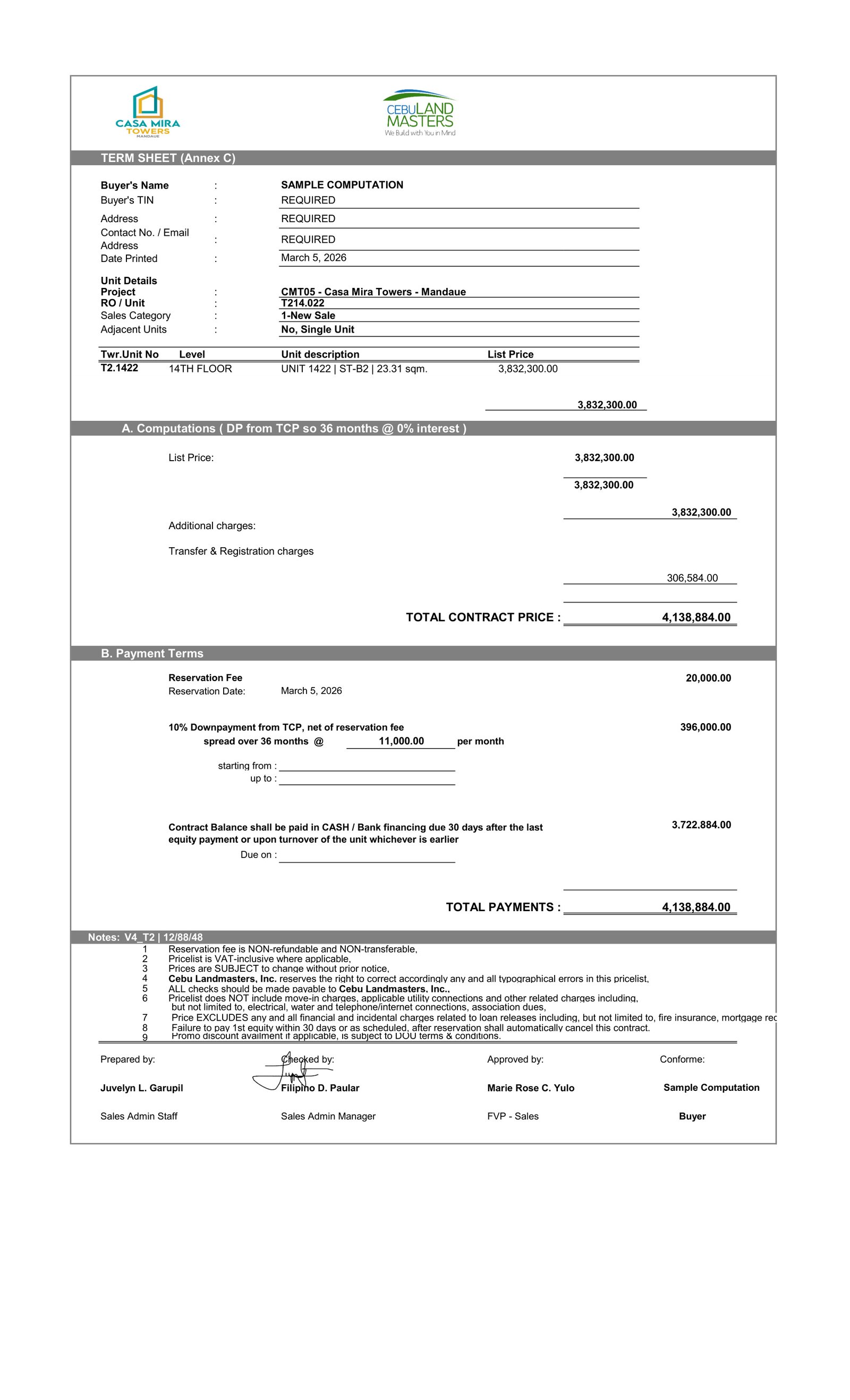 Sample Term Sheet T2.1422
