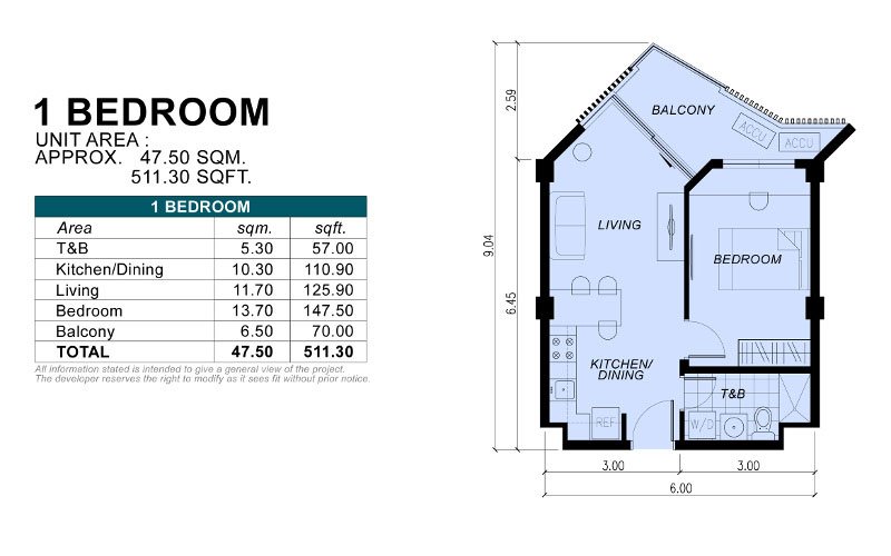 1BR Middle Unit Floor Plan