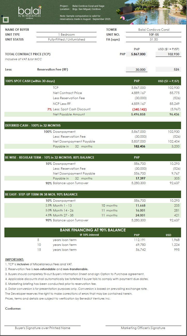 Balai Cordova 1-Bedroom Payment Computation