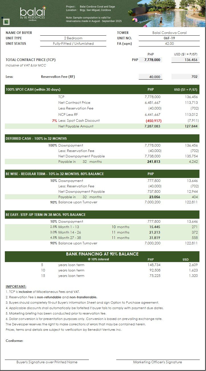 Balai Cordova 2-Bedroom Payment Computation