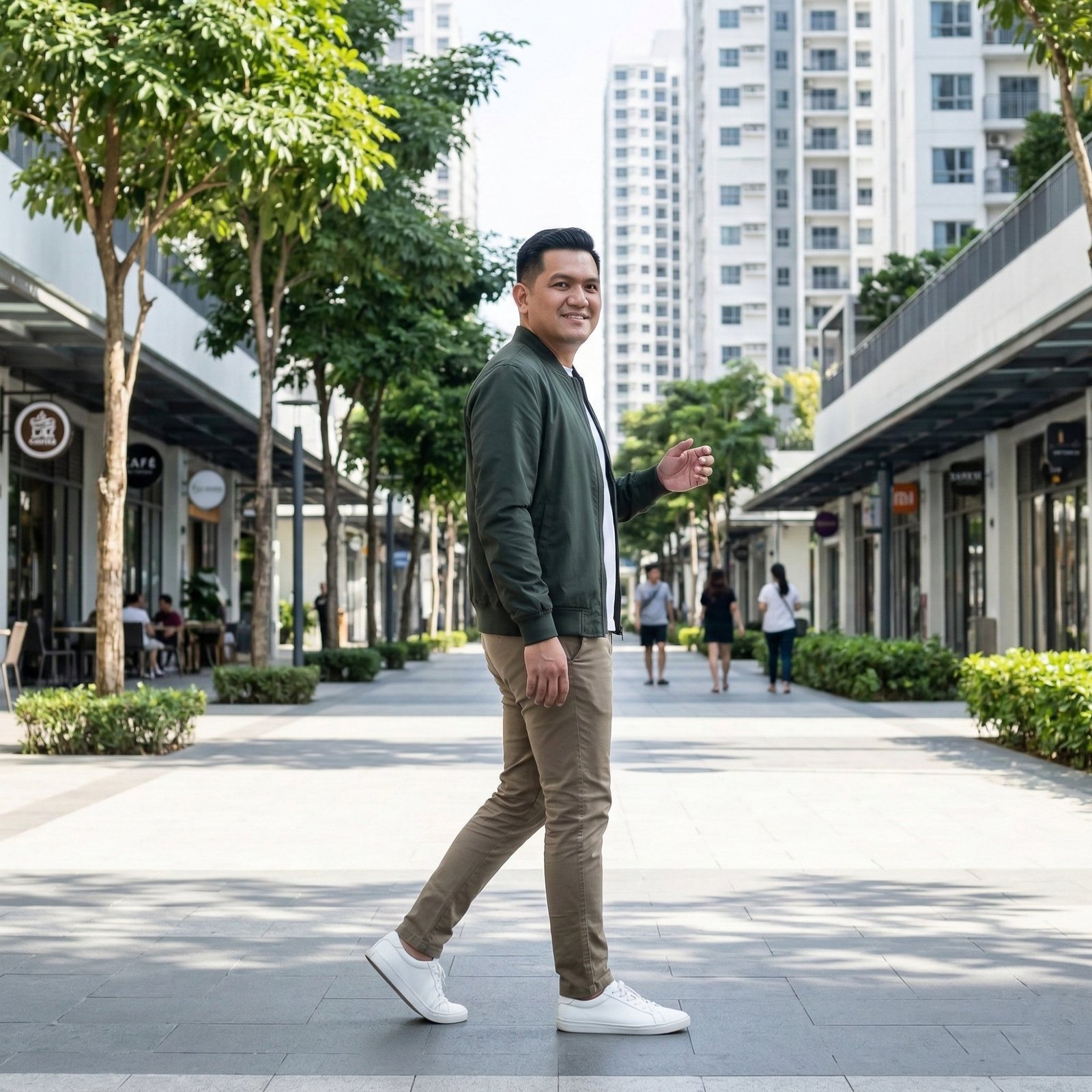 Patrick Zumel Bitoy walking and gesturing on modern Philippine township promenade with retail storefronts and high-rises — 15-minute city living 2026