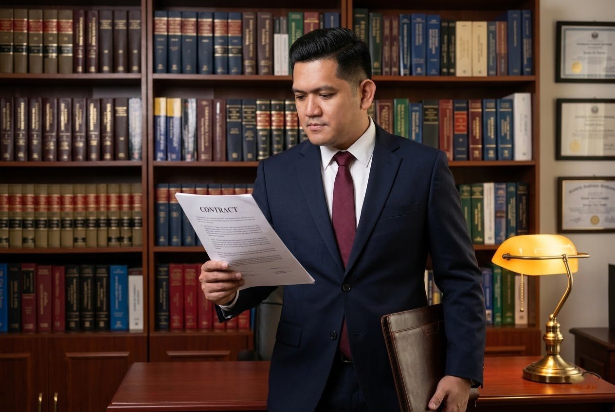 Patrick Zumel Bitoy in navy suit reading land lease contract in professional office — 99-Year Land Lease REIT Reform Philippines