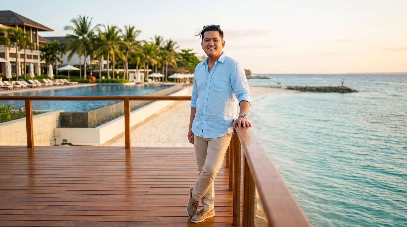 Patrick Zumel Bitoy on luxury beachfront deck in Mactan Island Cebu next to resort infinity pool — 5 Beachfront Properties to Watch