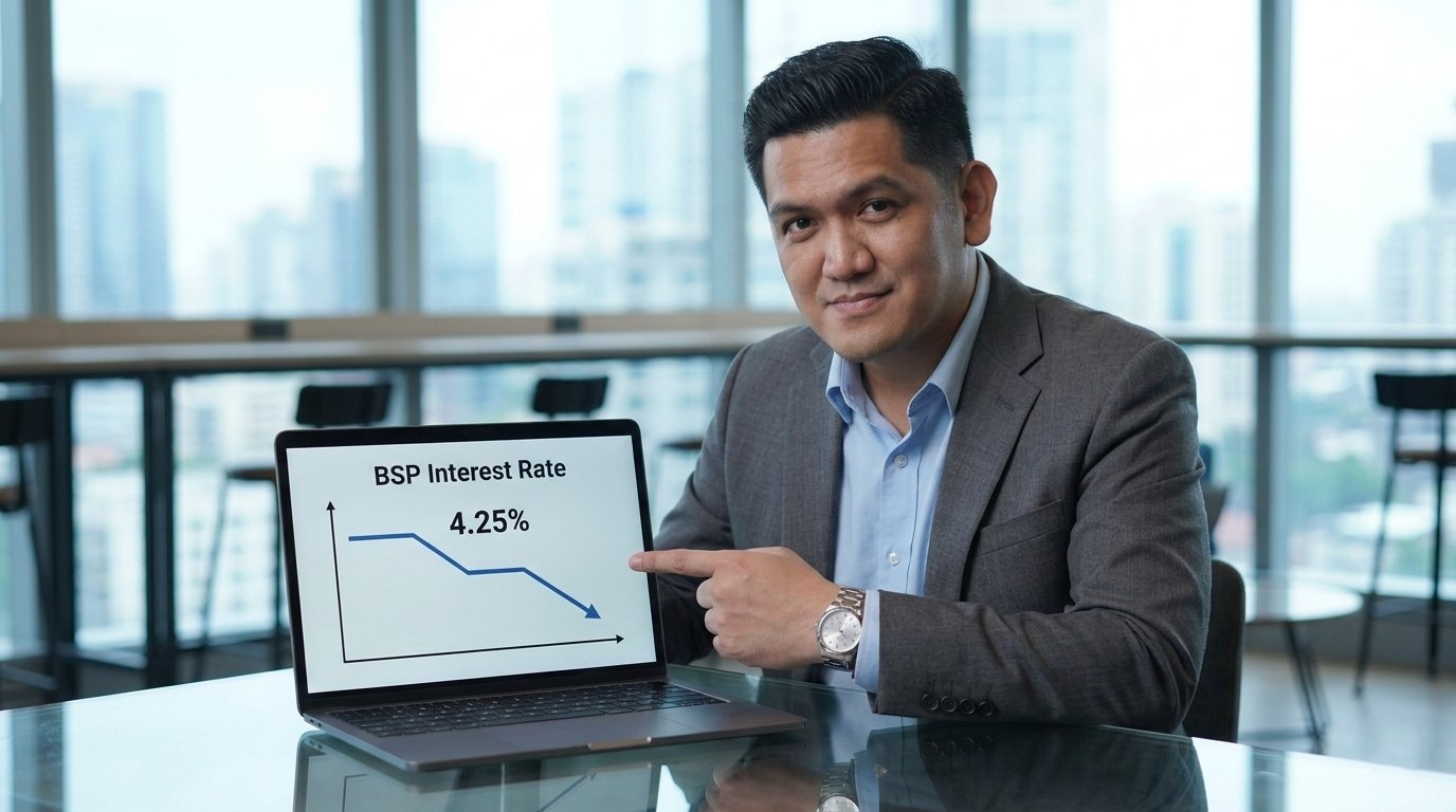 Patrick Zumel Bitoy pointing at BSP interest rate cut graph 4.25% on laptop — mortgage rates Philippines 2026 property buyers guide
