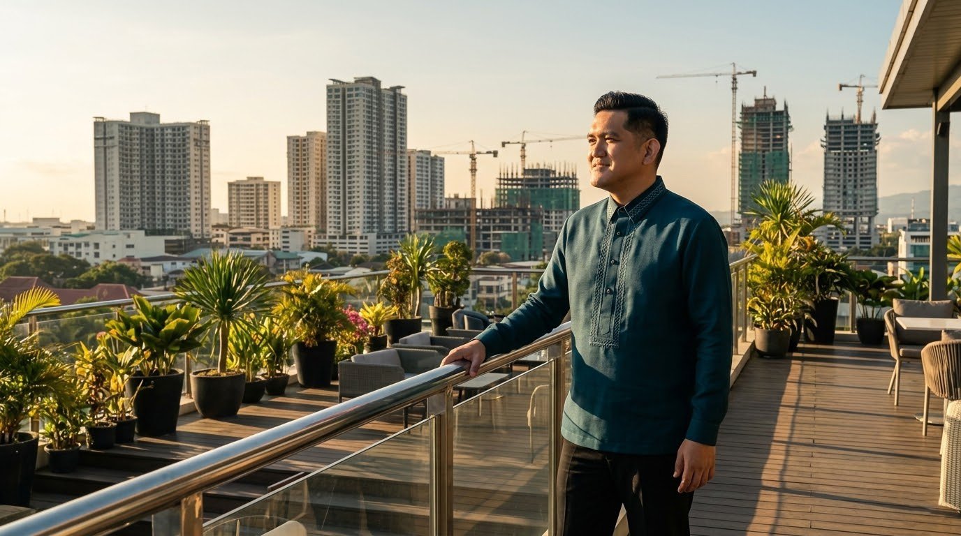 Patrick Zumel Bitoy on Davao City rooftop terrace overlooking emerging skyline and construction cranes — Davao real estate investment 2026