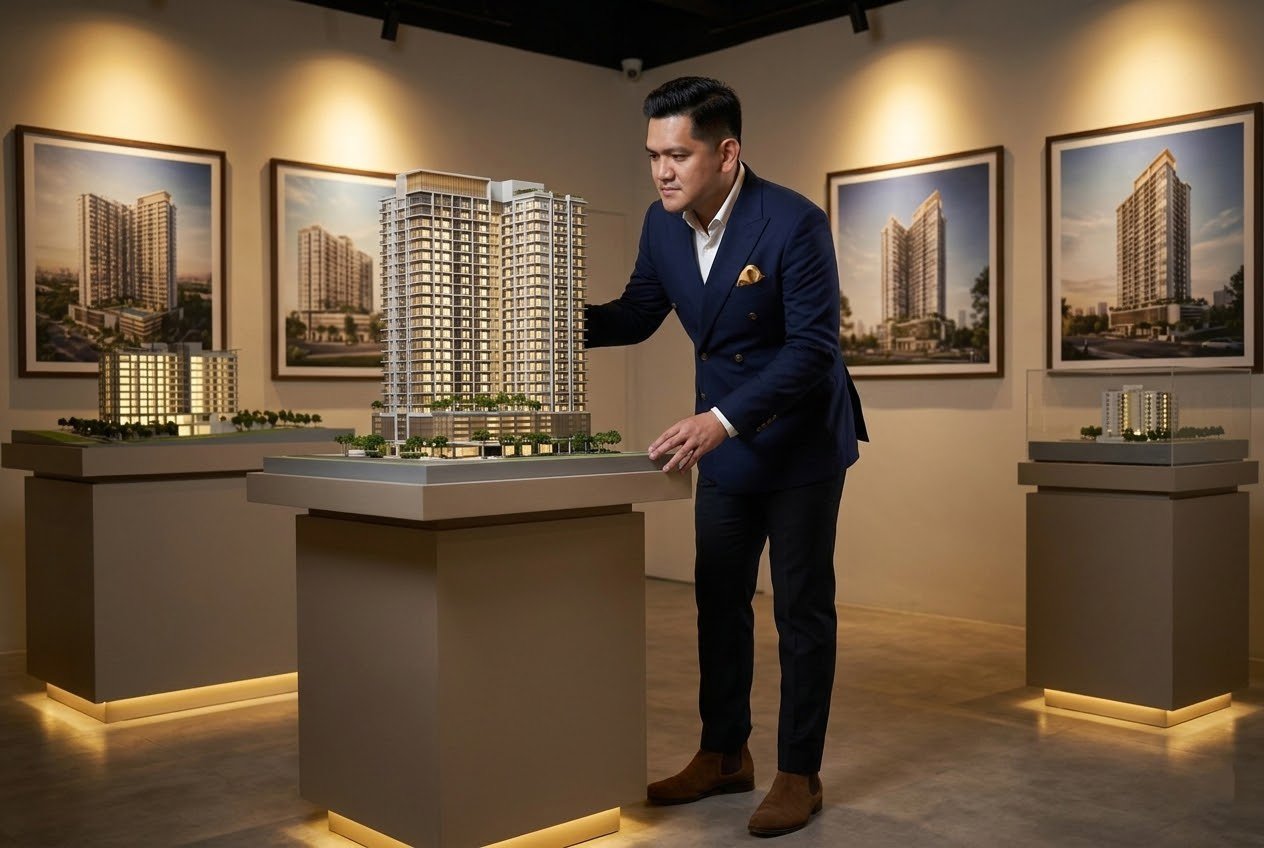Patrick Zumel Bitoy in navy double-breasted blazer examining luxury condo architectural scale model in developer showroom — flight to quality Philippines 2026