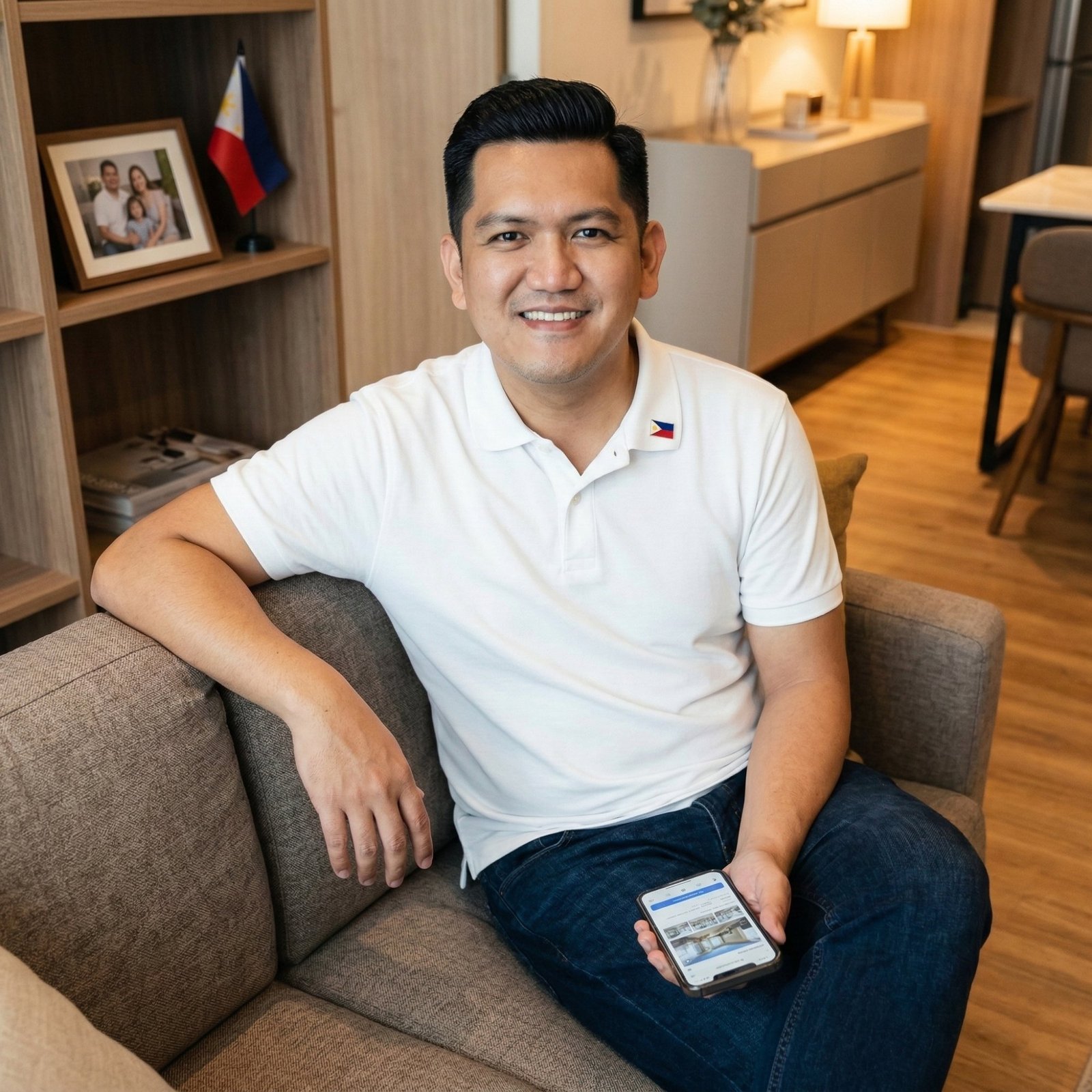 Patrick Zumel Bitoy in white polo with Philippine flag pin sitting in furnished condo for OFW property investment Philippines 2026