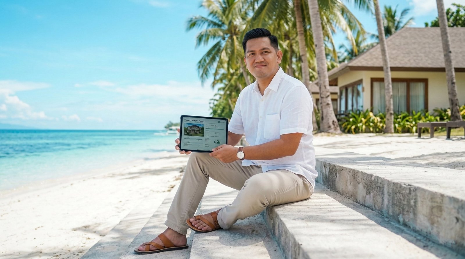 Patrick Zumel Bitoy sitting on Panglao Bohol beach steps holding property analysis tablet — Bohol beachfront investment Airbnb data 2026