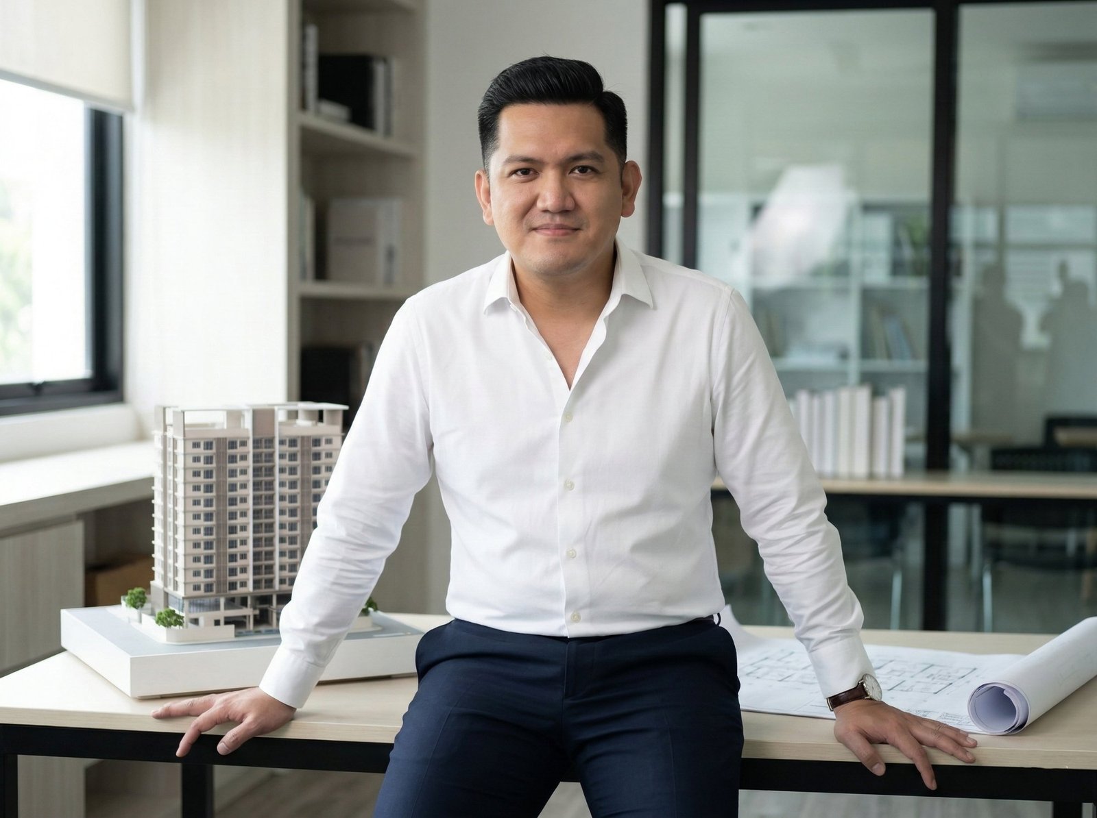 Patrick Zumel Bitoy REB CRS at desk with architectural scale model explaining pre-selling vs RFO condominiums Philippines