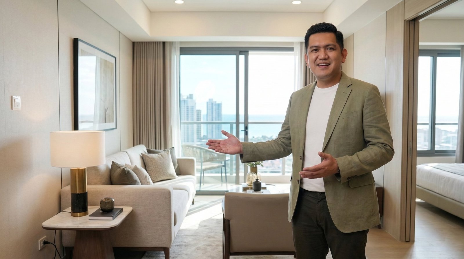 Patrick Zumel Bitoy in linen blazer presenting furnished short-term rental condo unit Philippines — post-POGO Airbnb opportunity 2026