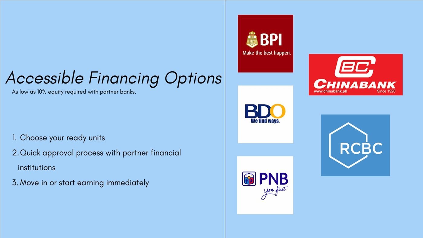 J Tower Residences partner financing options including BPI, Chinabank, BDO, PNB, and RCBC
