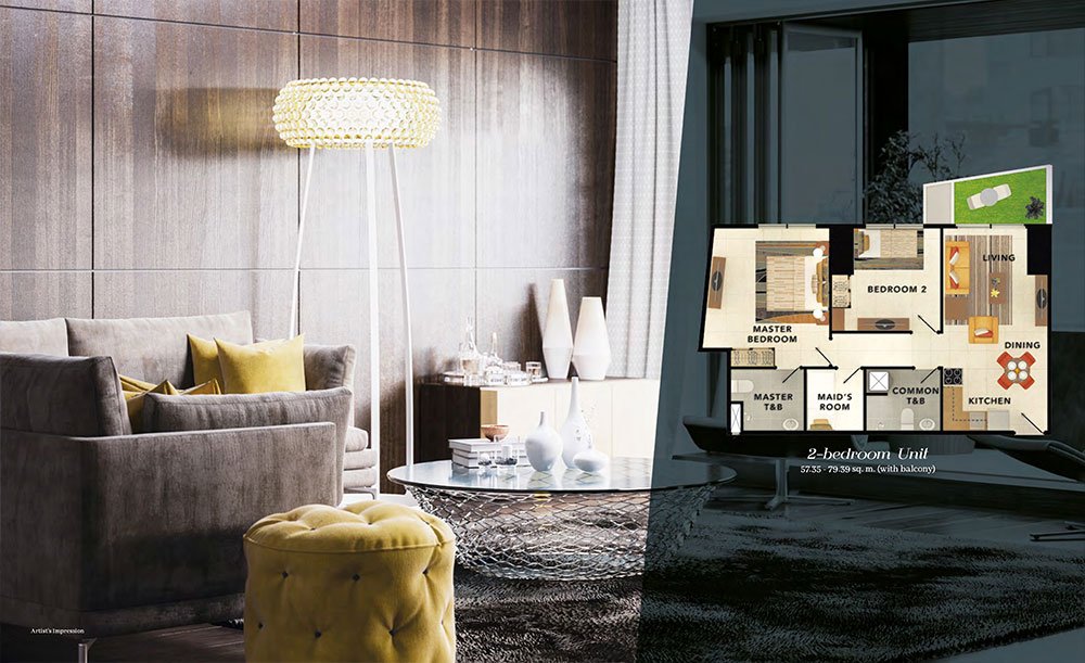Artist’s impression of a condominium living room shown beside a two-bedroom floor plan with a maid’s room